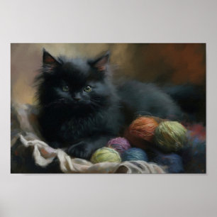 Poster Maldito Companheiro de tricô Gatinho Preto Com Fio