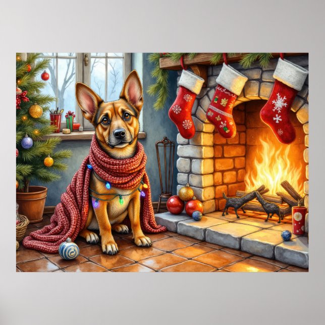 Poster Malinois Belga Lareira com Luzes de Natal (Frente)
