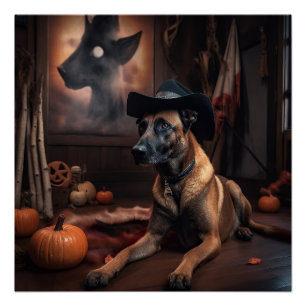 Pôster Malinois Belgas Abóboras de Halloween Assustadoras