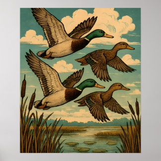 Poster Mallard Ducks in Flight Wildlife Art