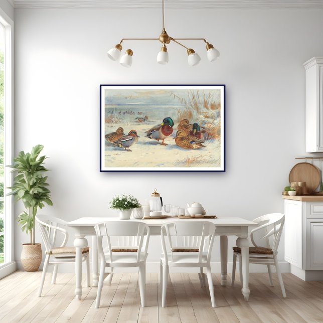 Poster Mallard e chalé na neve, Aves (Criador carregado)