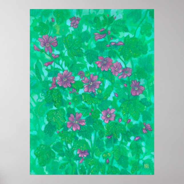 Poster Mallow Bloom, Malva Flores de Verão Pintura Floral (Frente)