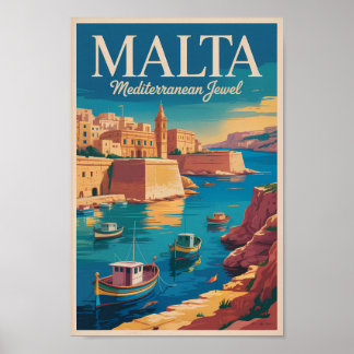Poster Malta Coast Illustration Travel Art Vintage