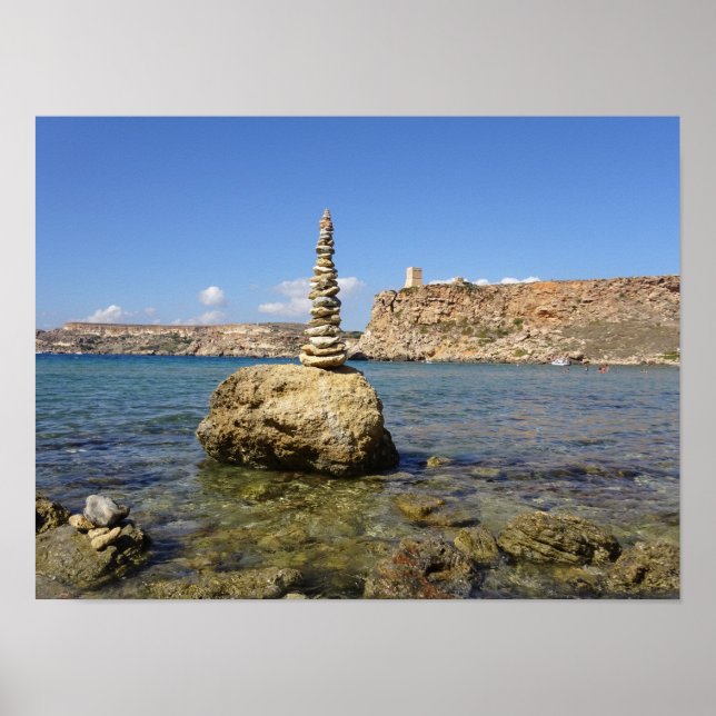 Poster Malta Ghajn Tuffieha Bay Stone Cairn (Frente)