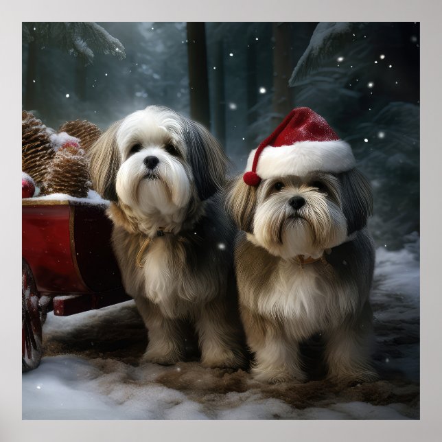 Poster Malti tzu Snowy Sleigh Decoração de Natal (Frente)