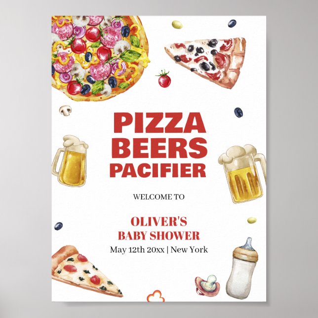 Poster Mama Mia Pizza Beer Pacifier Chá de fraldas Bem-vi (Frente)