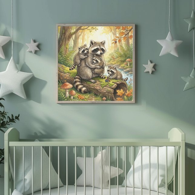 Poster Mama Raccoon and Her Babies Nursery (Criador carregado)