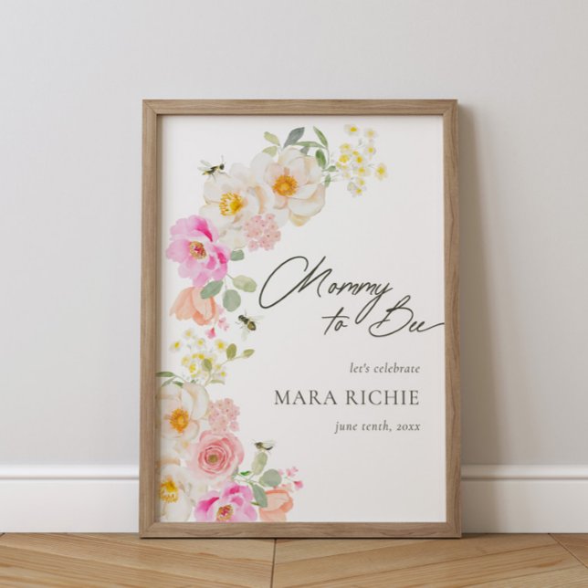 Poster Mamãe a abelha | Chá de fraldas de Aquarela Floral (Criador carregado)