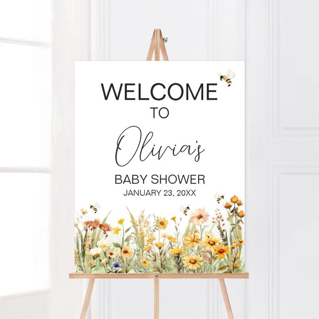 Poster Mamãe de flor selvagem para Chá de fraldas de abel (Mommy to Bee Wildflower Baby Shower Welcome Sign)