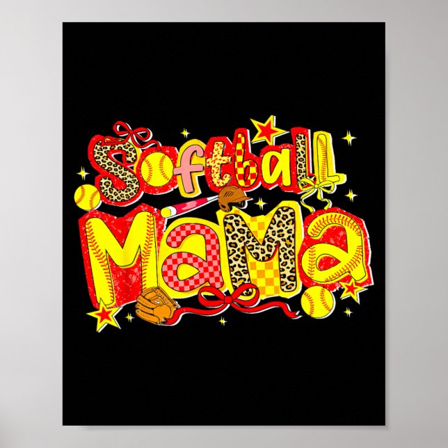 Poster Mamãe de Softbol Leopardo Coquette Laço para Mãe M (Frente)