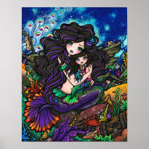 Pôster Mamãe e Baby Mermaid Fantasy Marine Art Hannah Lyn