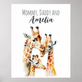 Poster Mamãe, papai e eu | Girafa | Arte de berçário de a