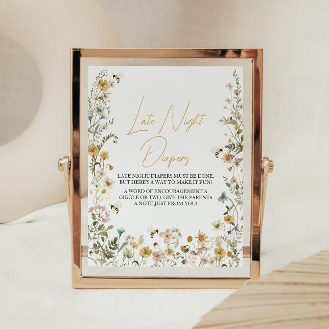 Poster Mamãe para Bebê Wildflower Fraldas noturnas tardia (Mom to Bee Gender Neutral Baby Shower Late Night Diapers Sign)