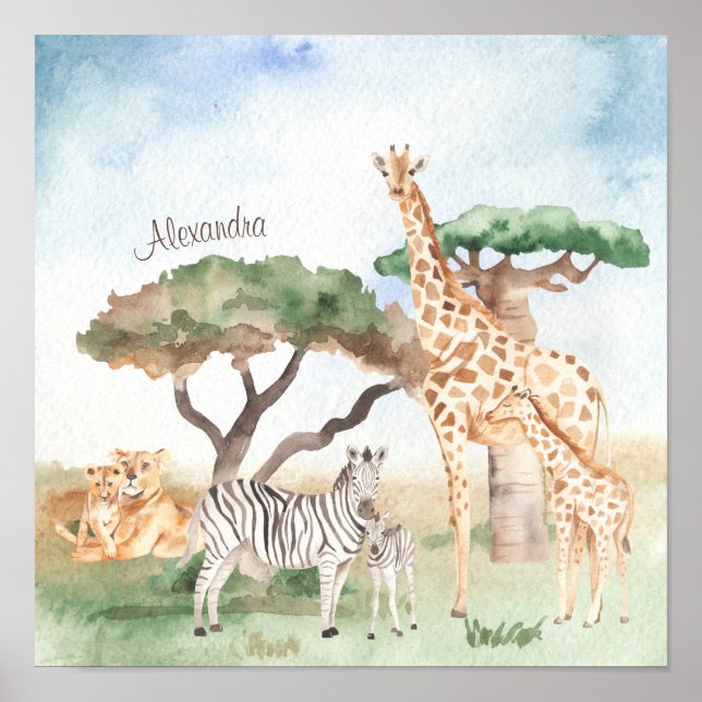 Poster Mamães de aquarelas e animais bebês africanos (Frente)