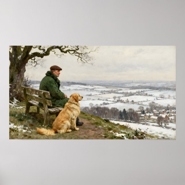 Poster Man and Dog Enjoying Winter Countryside Vista (Frente)