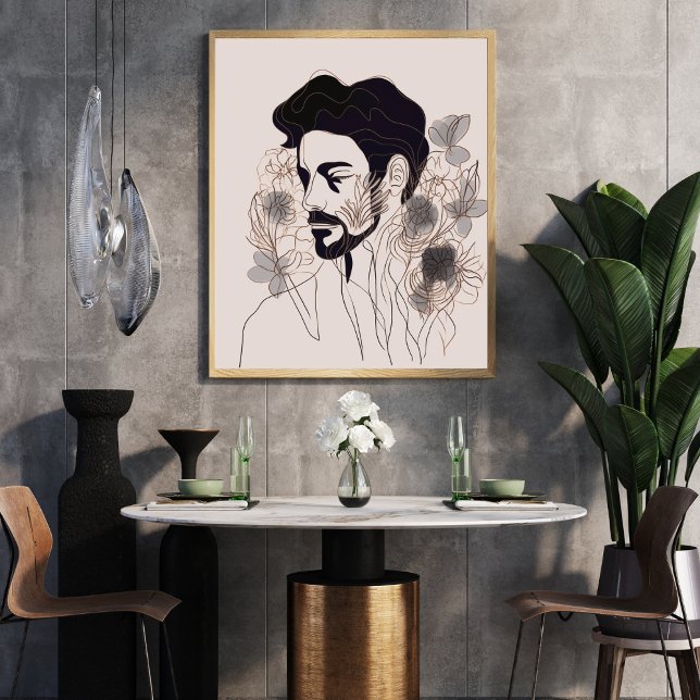 Poster Man Black Line Art com estilo Flower Boho (Criador carregado)