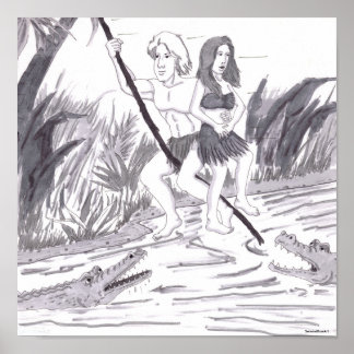 Poster Man Holding a Woman While Swinging on a Vine Past 