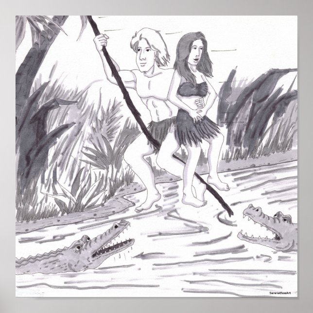 Poster Man Holding a Woman While Swinging on a Vine Past  (Frente)