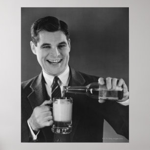 Poster Man pouring beer from bottle to pitcher (B&W),