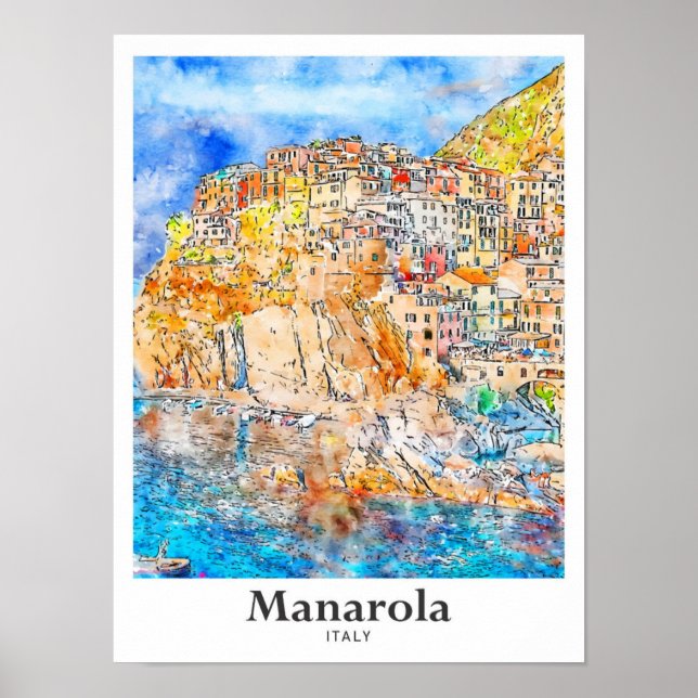 Poster Manarola Itália Viagem Watercolor (Frente)