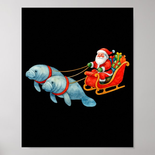 Poster Manatee Santa Christmas Sleigh - Funny Manatee Xma (Frente)