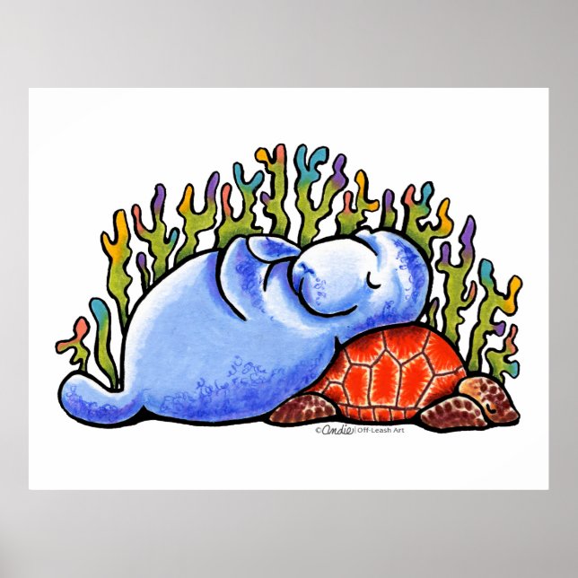 Poster Manatee Sea Turtle Slumber Party by Off-Leash Art (Frente)