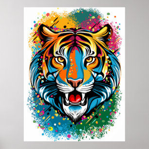 Poster Manchas de tinta cores Arco-íris Cabeça de Tigre