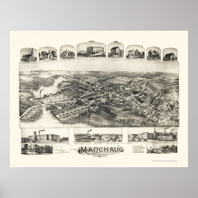 Pôster Manchaug, Mapa Panorâmico do MÃE - 1891 (Frente)