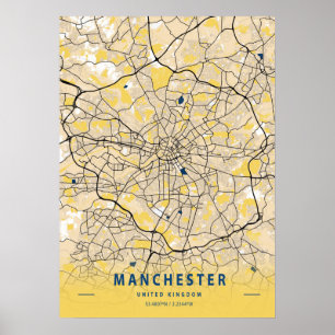 Poster Manchester - Reino Unido - Mapa da Cidade Amarela