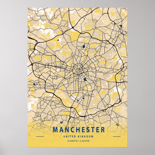 Poster Manchester - Reino Unido - Mapa da Cidade Amarela (Frente)