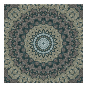 Pôster Mandala Bege e Azul-Cinzento com Simetria Tribal