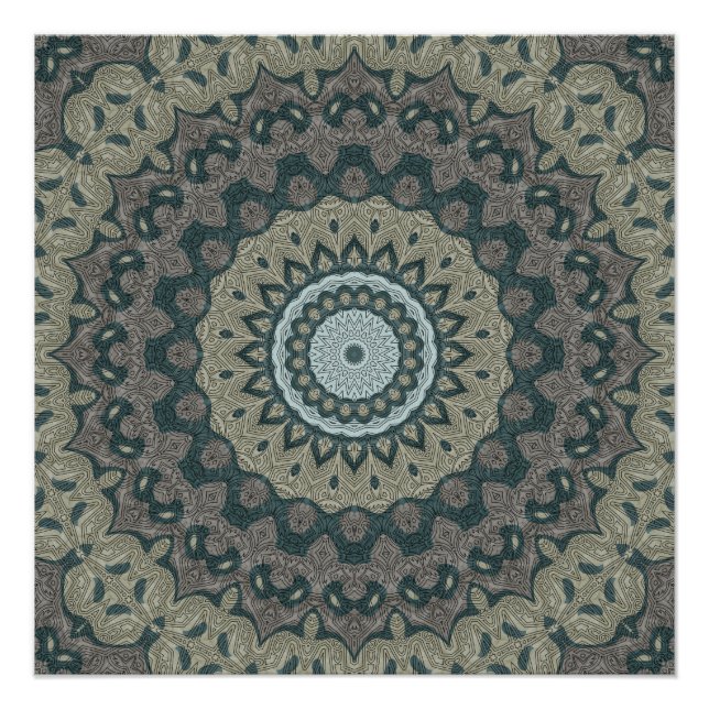 Pôster Mandala Bege e Azul-Cinzento com Simetria Tribal (Frente)