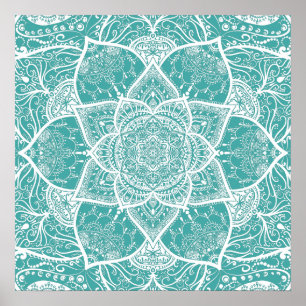 Poster Mandala Branca e Teal - Loergann em Azul
