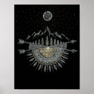 Pôster Mandala da cordilheira da lua e do céu nocturno
