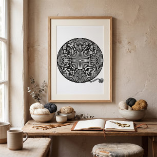 Poster Mandala de Bola de Fio Preto e Branco