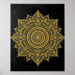 Poster Mandalá de Estrela Dourada em Preto