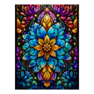 Pôster Mandala de Flor de Vidro Colorido Gótico - Azul e
