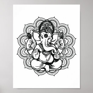 Poster Mandala de Ioga Elefante Ganesha Tril Ornamentos C