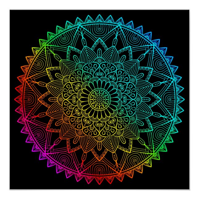Pôster Mandala do Arco-Íris Preto (Frente)