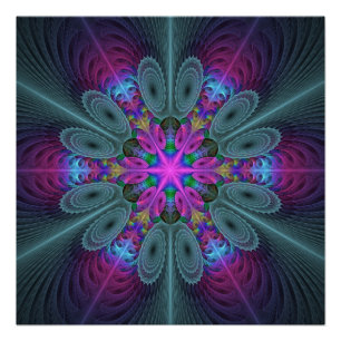 Pôster Mandala Do Centro De Arte Fractal Colorida Com Ros