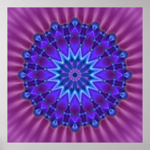 Pôster Mandala estrela em azul   flor magenta