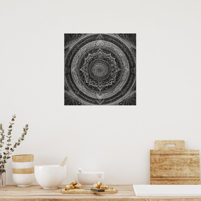 Poster Mandala floral branca e negra (Cozinha)
