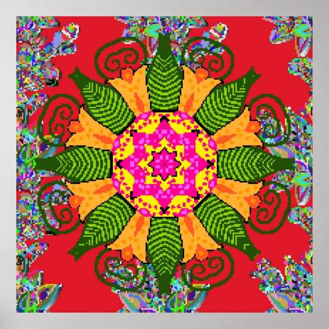 Poster Mandala floral cor redonda, vermelha, verde e (Frente)