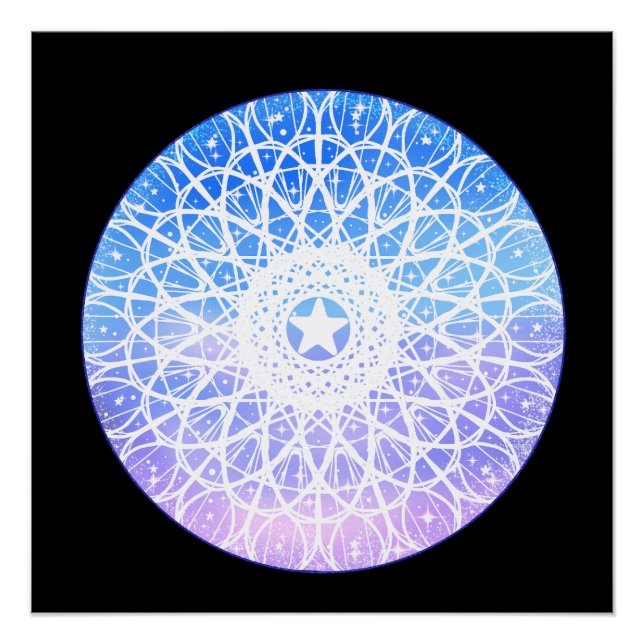 Pôster Mandala Floral Do Espaço Puro, Branco E Azul (Frente)