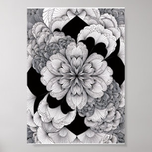 Poster Mandala Floral Monocromática Elegante Preto e Bran