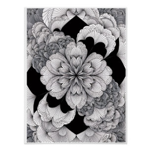 Pôster Mandala Floral Monocromática Elegante Preto e Bran