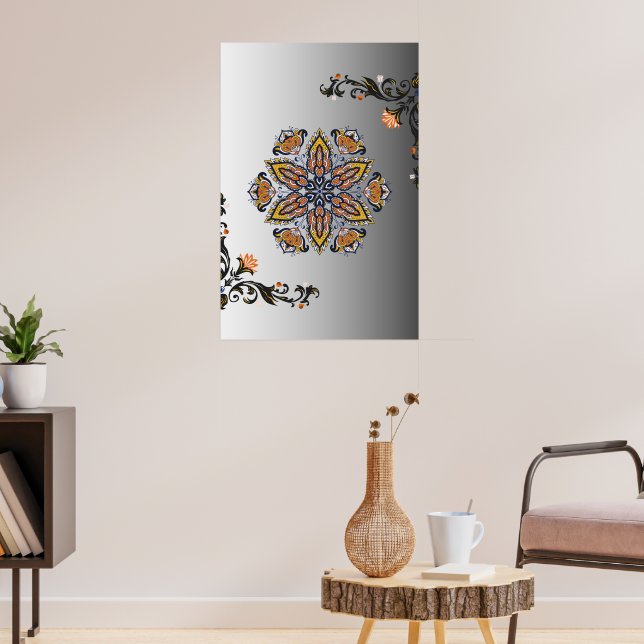 Poster Mandala Floral Ouro Preto Místico (Sala de Estar 3)