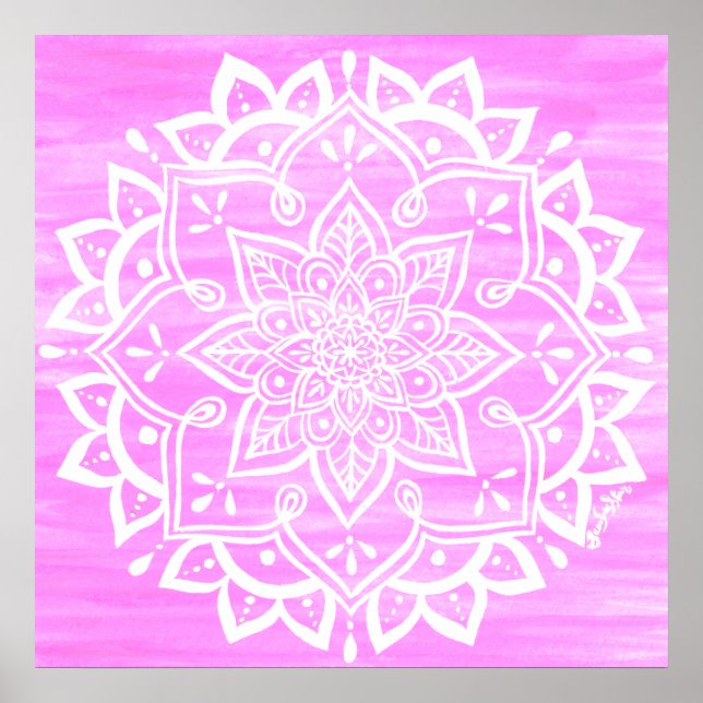 Poster Mandala Floral Pink White Watercolor (Frente)