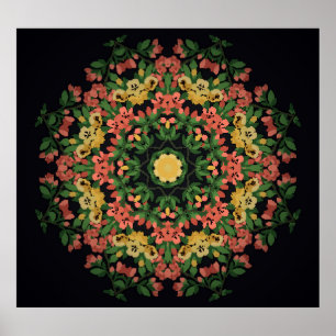 Poster Mandala Floral: vermelha, vindima amarela.