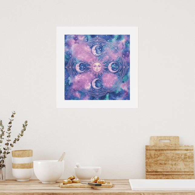 Poster Mandala Galáxia Nebulosa do Sol e da Lua Celeste (Cozinha)
